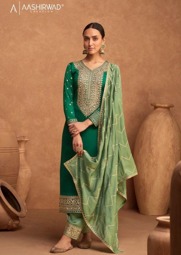 Green Satin Georgette Pakistani Straight Salwar Kameez