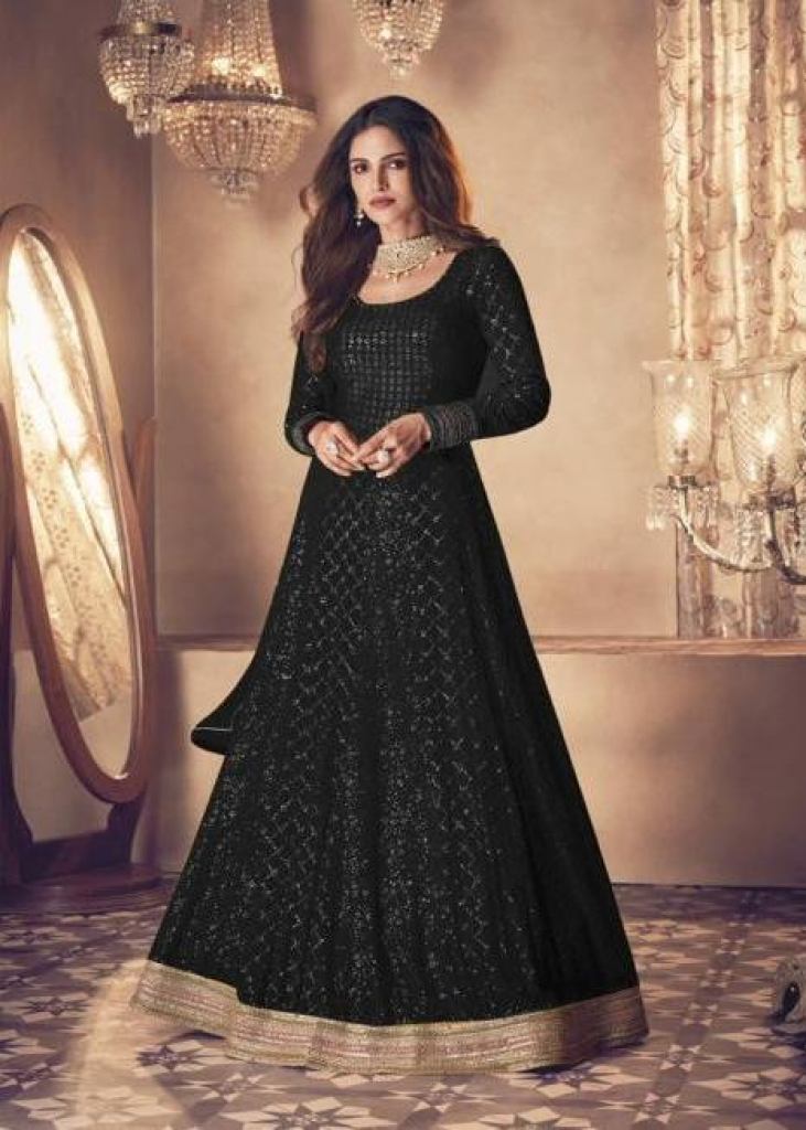 Mesmeric Black Colored Designer Partywear Silk Jacquard Gown