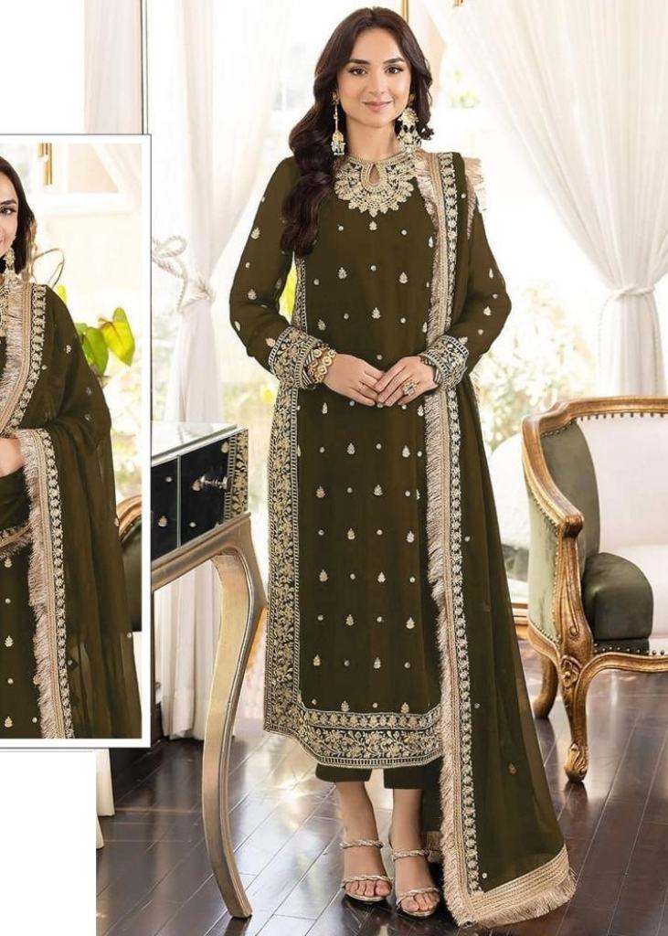 Aashirwad Creation Gulkand Siyona Nayra Cut Anarkali Heavy Faux Georgette  Style Nayra Cut Suit Mehndi Color DN 9398