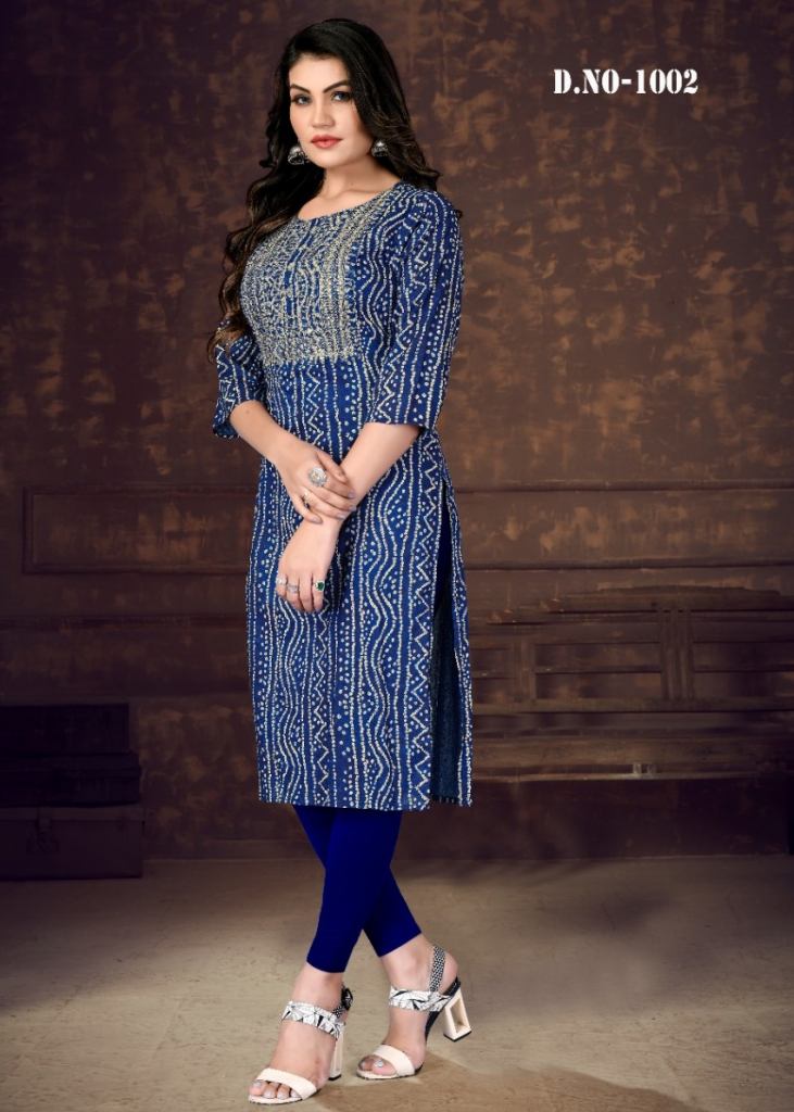 Bandhani Vol 1 Rayon Bandhani Print With Embroidery Work Kurti Blue Color DN 1002