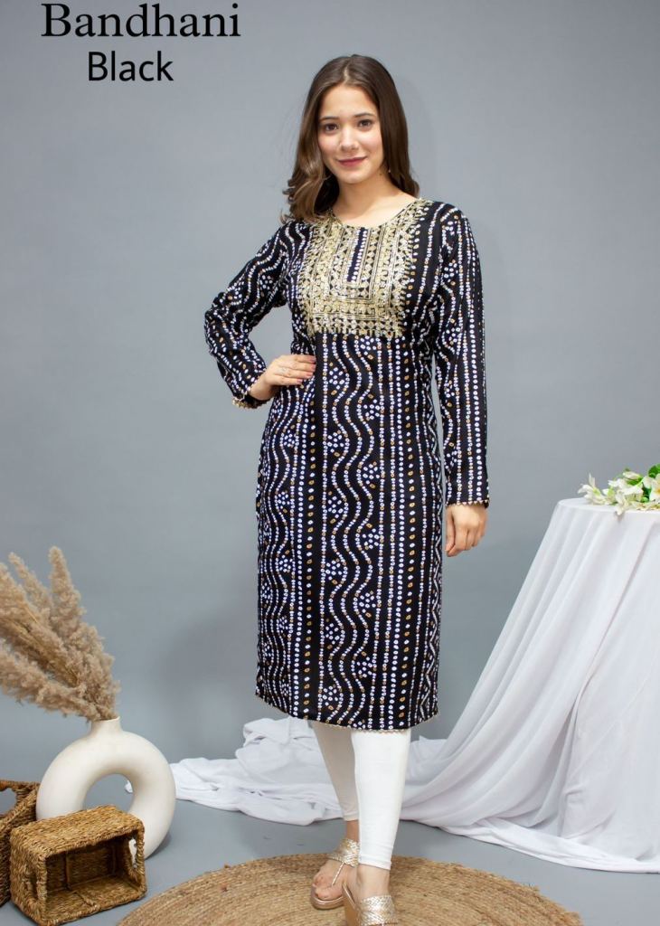 Attractive Rayon Fabric Black Color Bandhani Printed Kurti