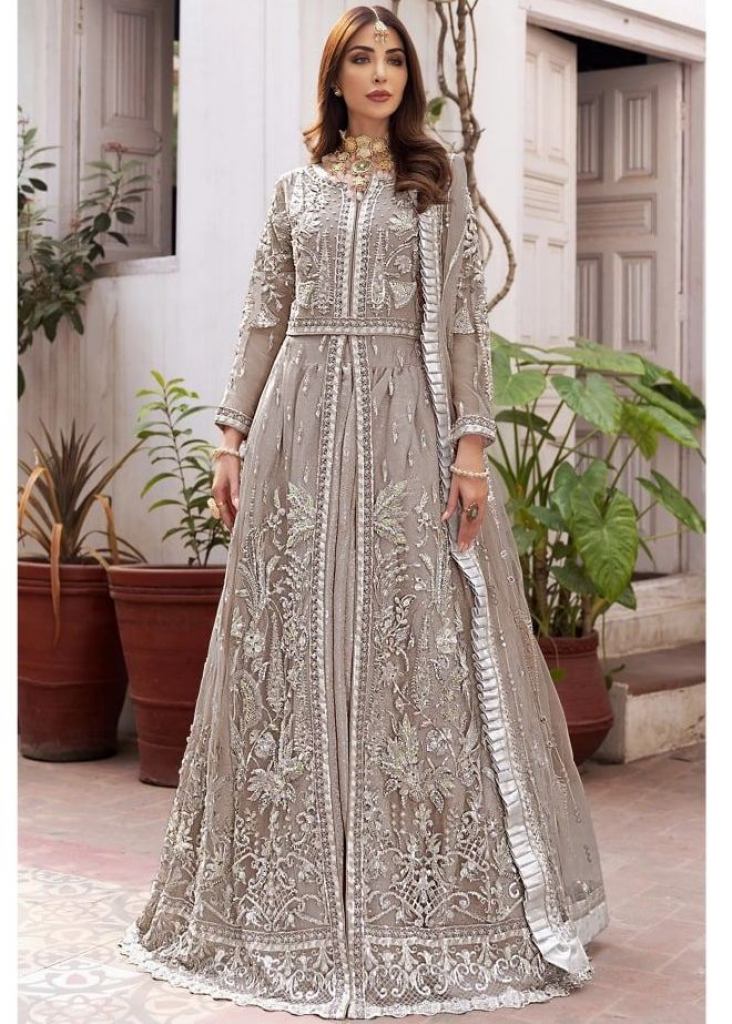 Silver Silver Embroidered Gown With Dupatta by Seema Gujral for rent online  | FLYROBE