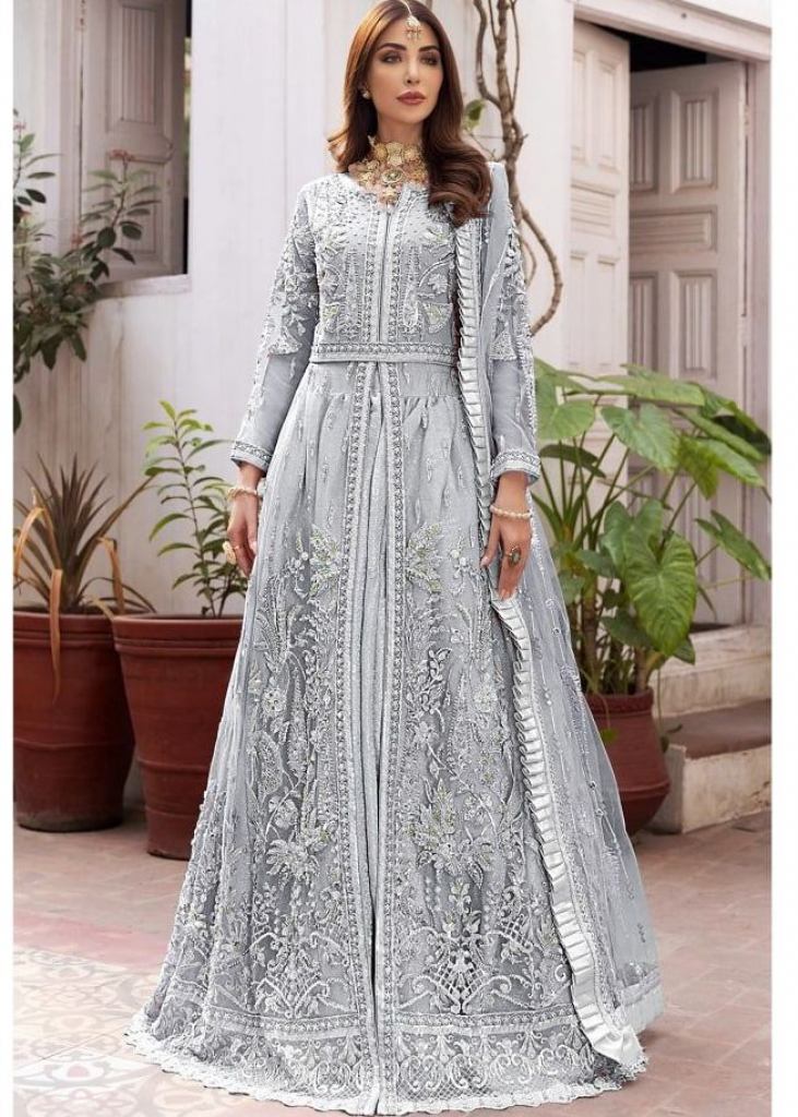 Butterfly Net With Embroidery And Sequence Work Designer Pakistani Suit  Grey Color DN 125