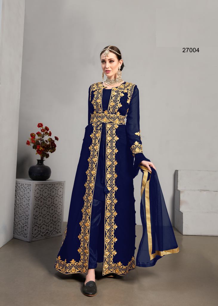 Navy Blue Color Georgette Fabric Elegant Embroidered Palazzo Suit