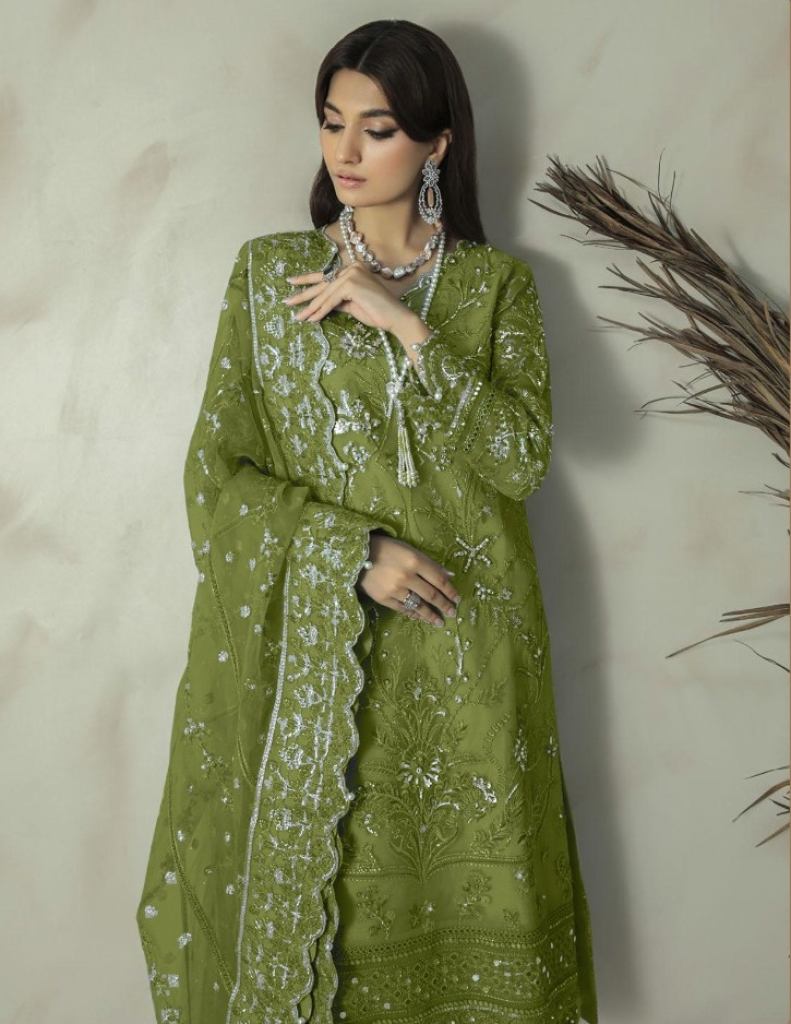 Trendy Mehndi Color Embroidery And Sequins Work Salwar Suit – Amrutamfab