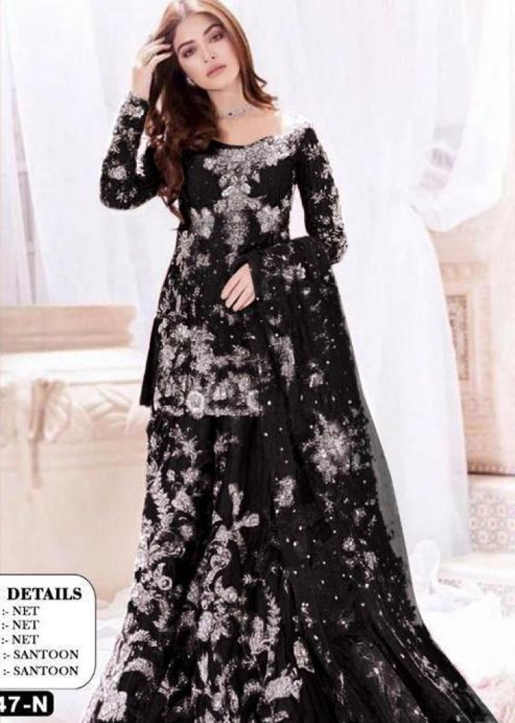 Embroidered Net Pakistani Suit in Black : KCH7696