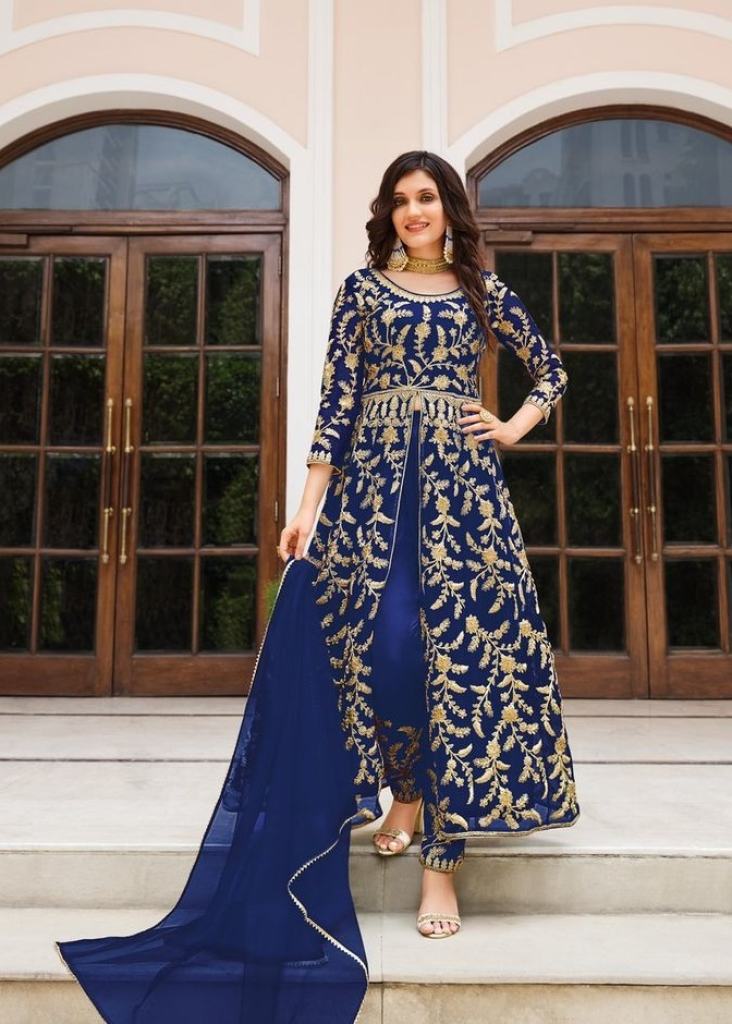 Navy Designer Suit with Embroidered Motif on Right Side – Bonsoir