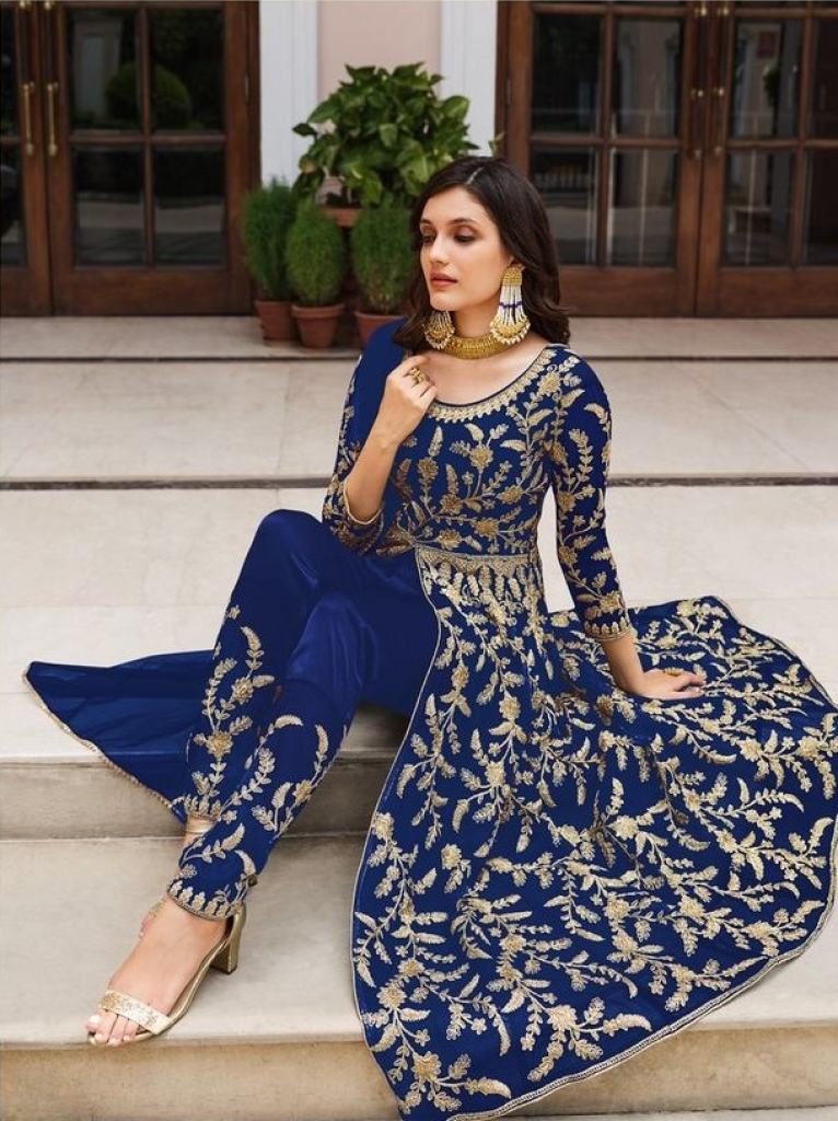 Exceptional Royal Blue Colored Partywear Organza Jacquard Gown