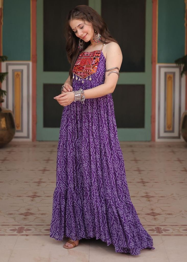 Women black georgette Bandhani Print with kutchi patchework lehenga kurti