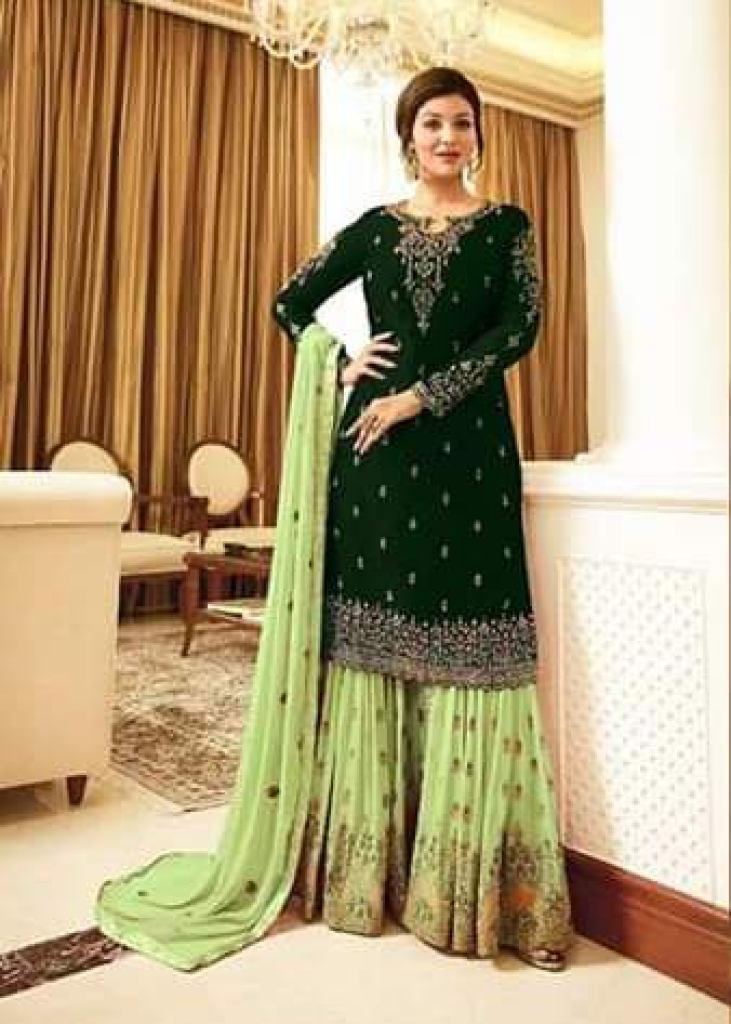 Parrot Green Chanderi Women's Palazzo Suit With Heavy Embroidered Dupatta -  Mf Next Com - 2757243