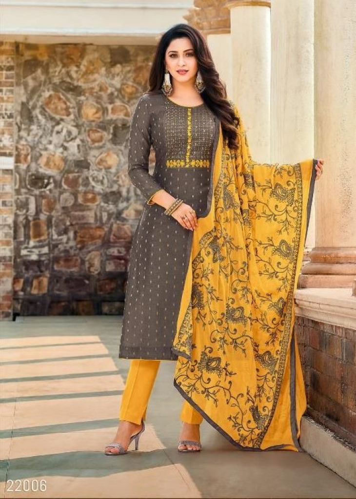 Yellow Colour Cotton Printed Round Neck Full Sleeves Kurti Pant Set