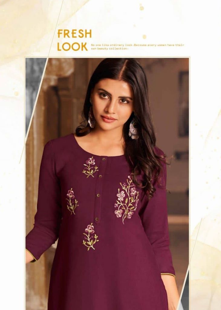 Lily Vol 21 Heavy Fancy Rayon Embroidered Work Kurti Wine Color DN 12877