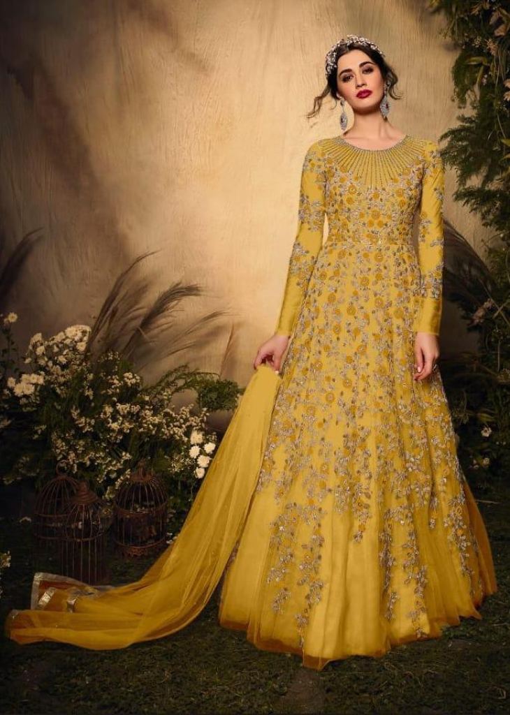 Gorgeous Yellow Color Designer Net Fabric Evening Wear Gown