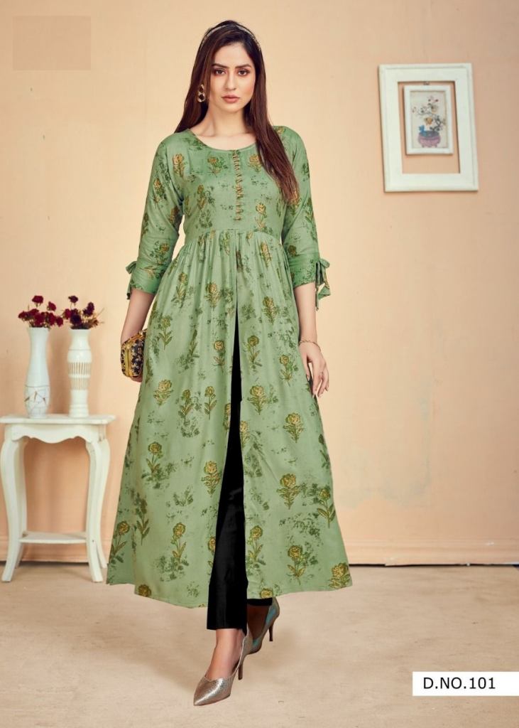 Blue Hills Sensational Rayon 14Kg Foil print Fancy Long Anarkali Kurti On  Wholesale