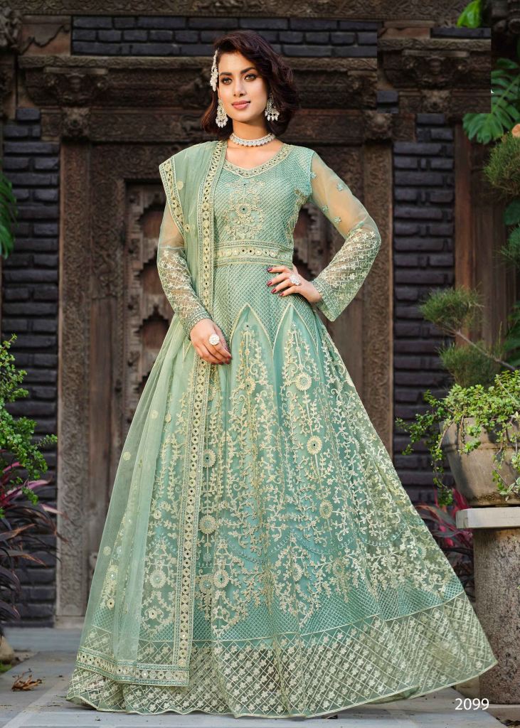 Floral Printed Anarkali Gown with Dupatta in Sea Weed Green