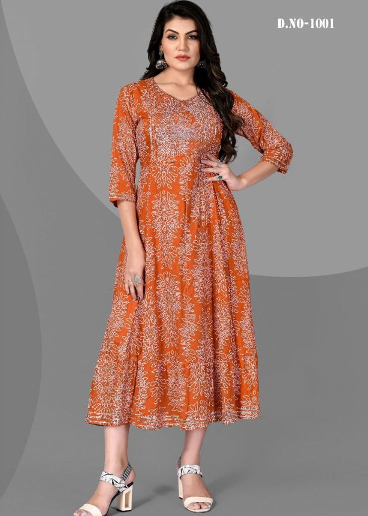 Designer Orange Color Floral Printed Cotton Kurti for Casual Wear