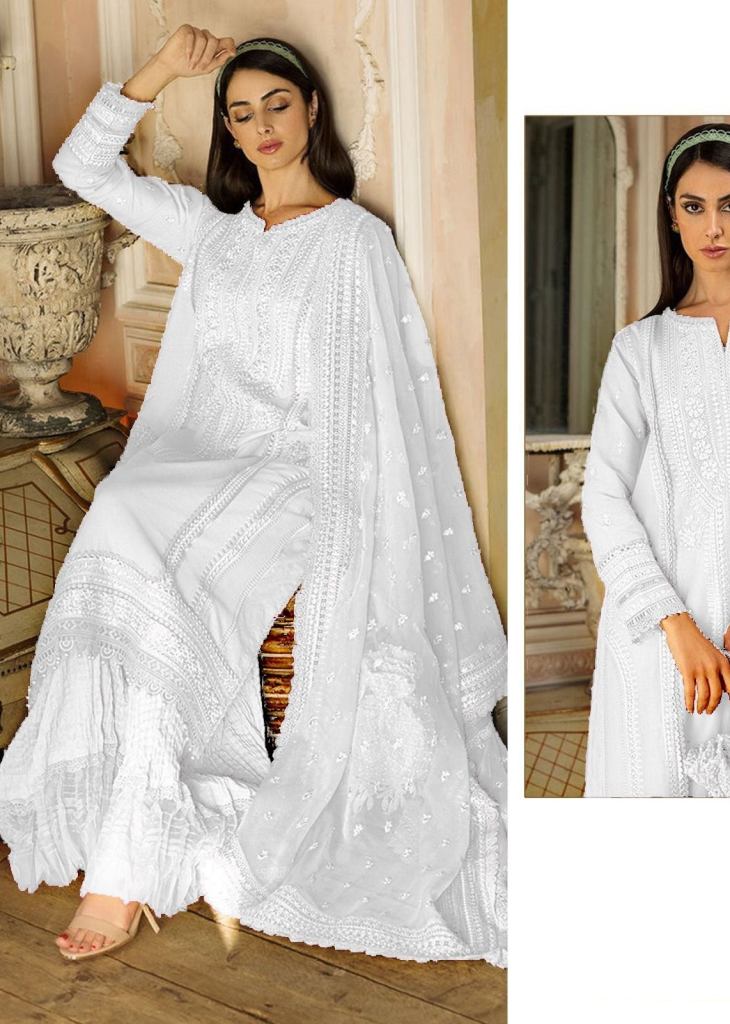 Rayon Cotton With Embroidery Work Pakistani Suit White Color DN 146