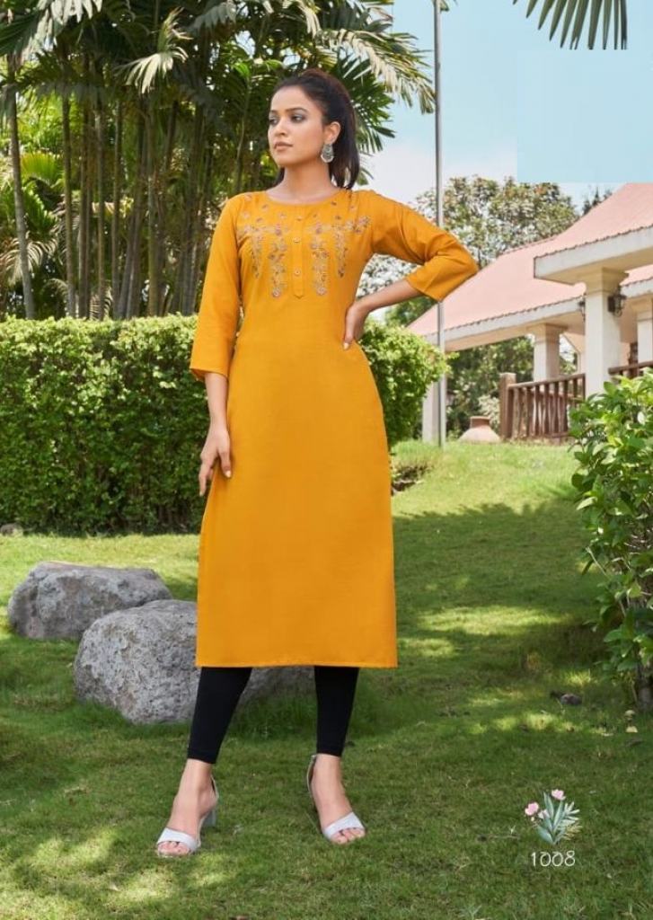 Yellow Color Rayon Kurti With Bottom