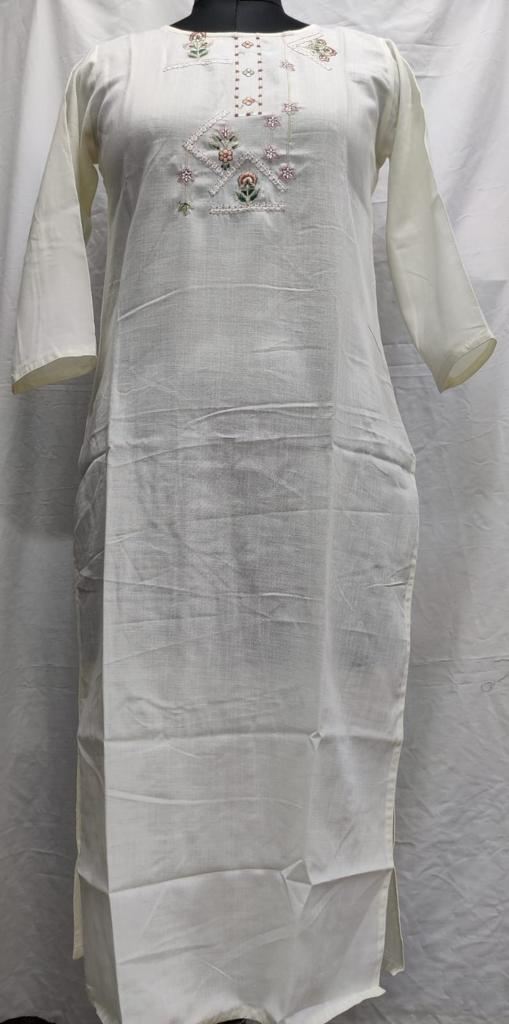 Khadi muslin jamdani cotton kurta in white color.Best-selling silhouette in  the most striking polka jamdani muslin fabric.Front open with side pockets  for functionality.Dark grey polka weave that gives rich softness to the