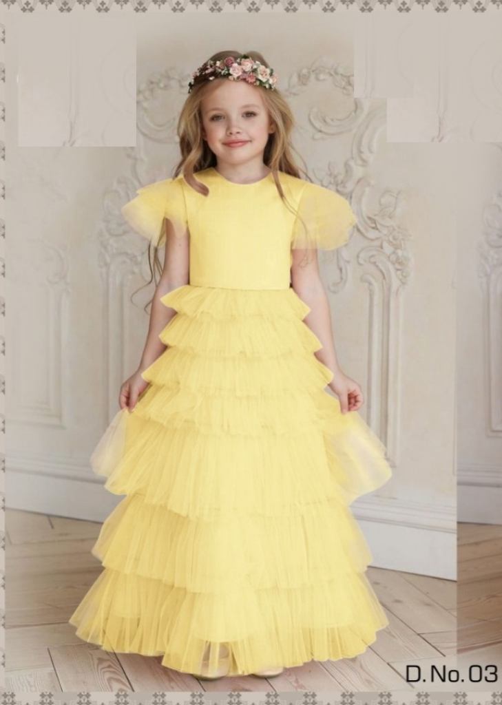 South Cotton With Soft Net Partywear Designer Kids Gown Yellow Color DN 03