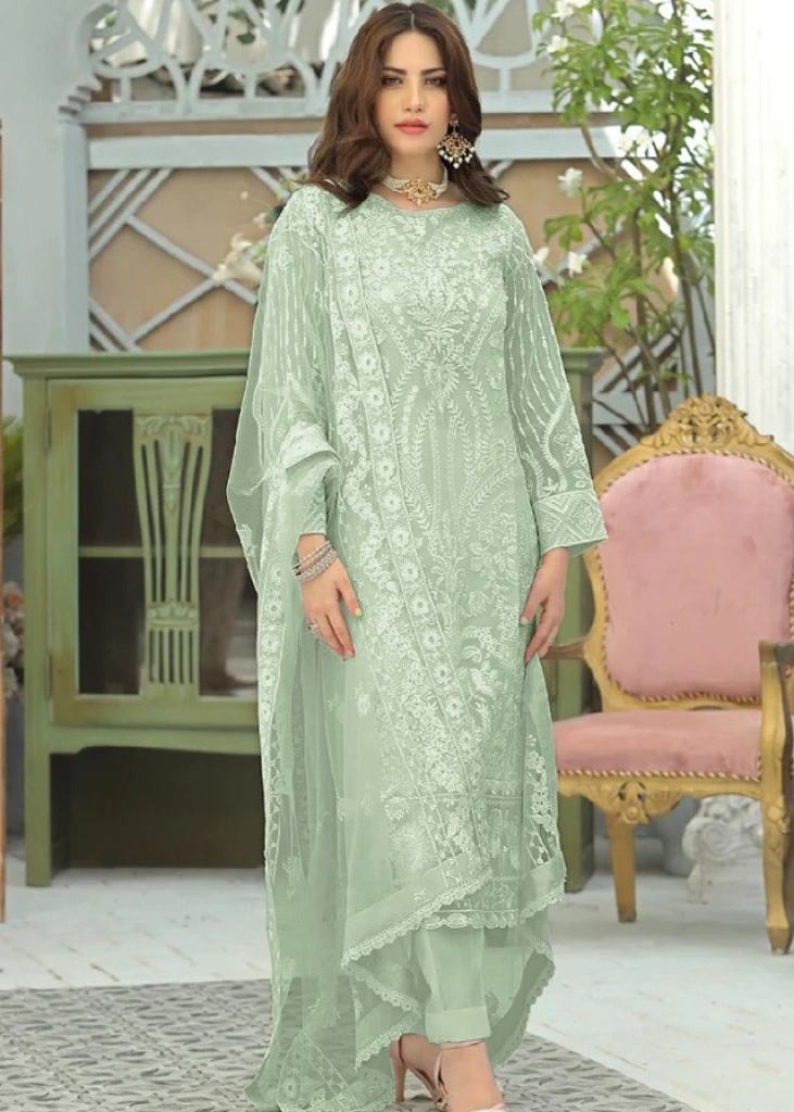 Buy Pista Green Embroidery Work Net Patiyala Suit Online
