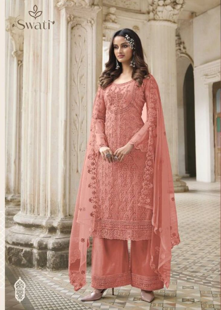 Swagat Swati Heavy Butterfly Net With Embroidery Palazzo Suit Peach Color DN 3308