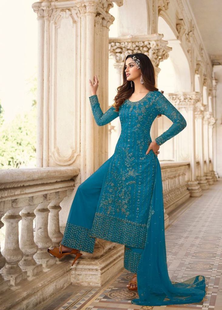 Swagat Swati Heavy Butterfly Net With Embroidery Palazzo Suit Blue ...
