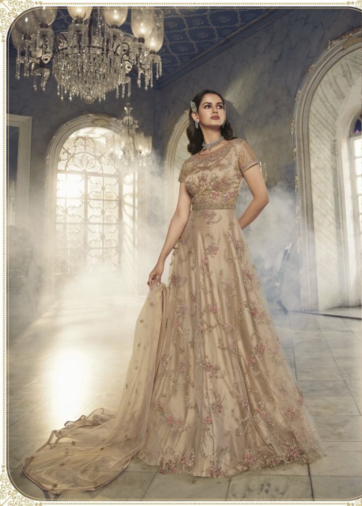Soft Premium Net Wedding wear Readymade Gown in Golden with Embroidery &  Stone work - Anarkali Suits - Suits & Sharara