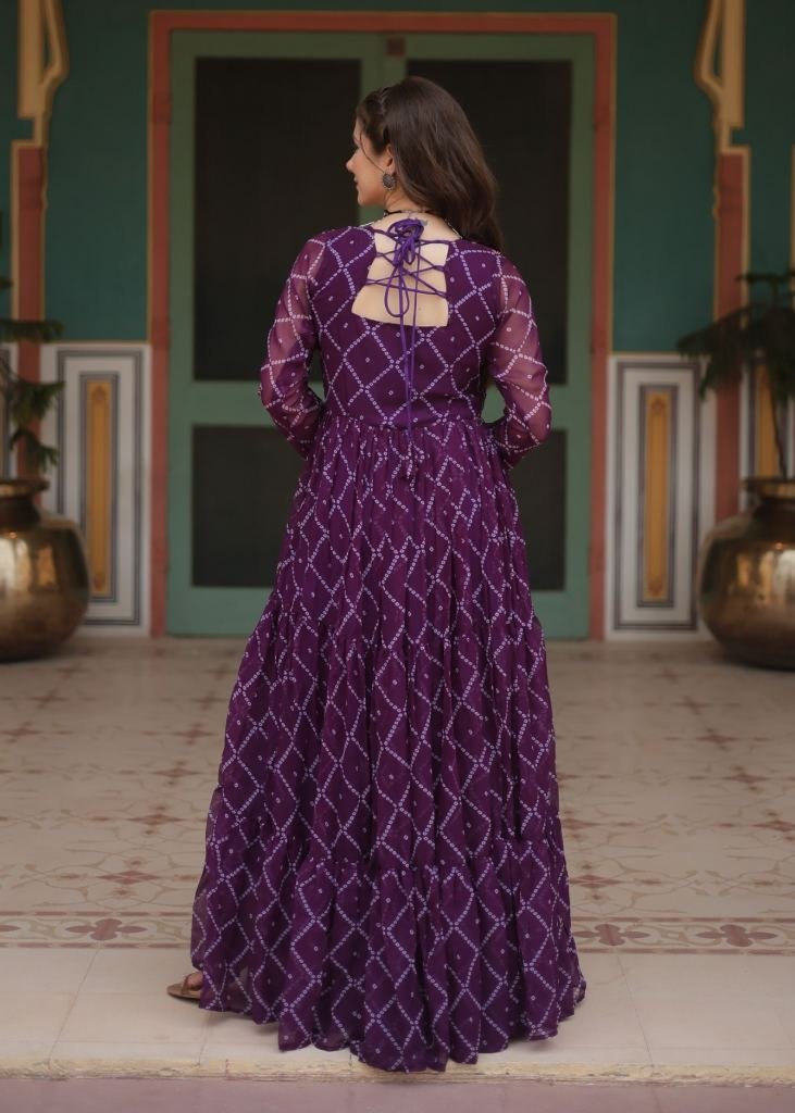 Pink Bandhani Print Georgette Kutchi Patchwork Navratri Gown