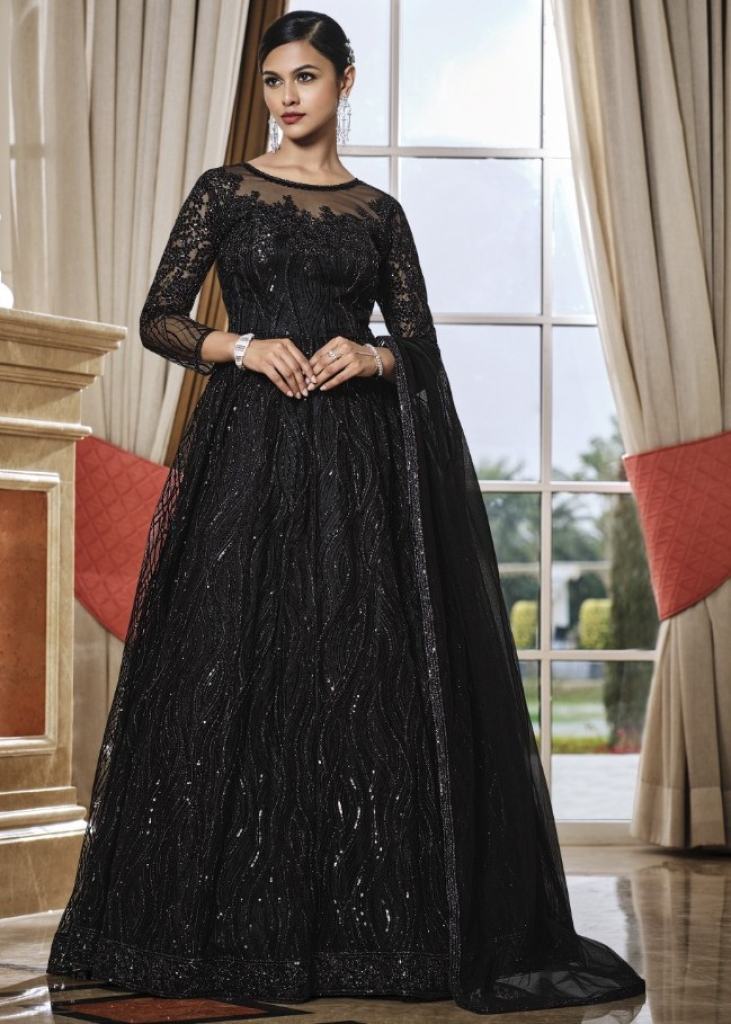 Fluffy black gown with black beadwork and crystal drops – Ricco India