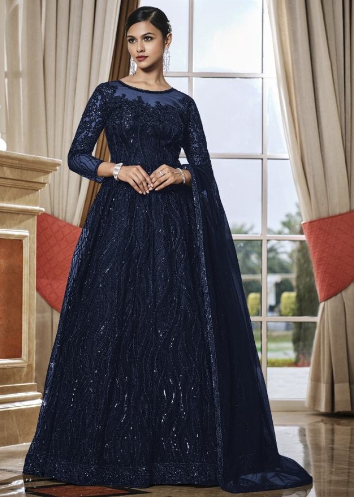 Glimmering Blue Color Sequence Thread Work Anarkali Gown – subhvastra