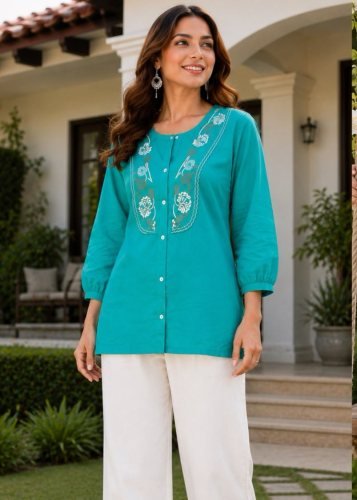  5 Star  Rayon Slub With Embroidery Work Co-Ord Set Turquoise Blue  Color