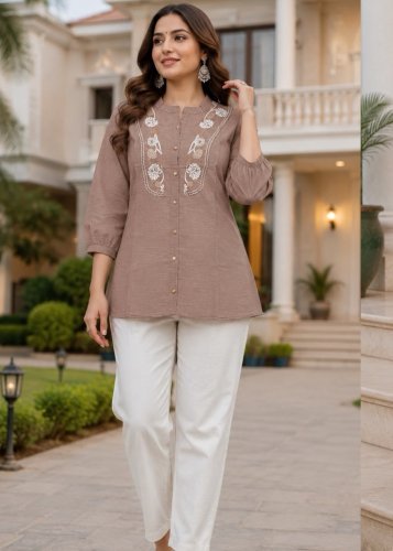  5 Star  Rayon Slub With Embroidery Work Co-Ord Set  Brown Color