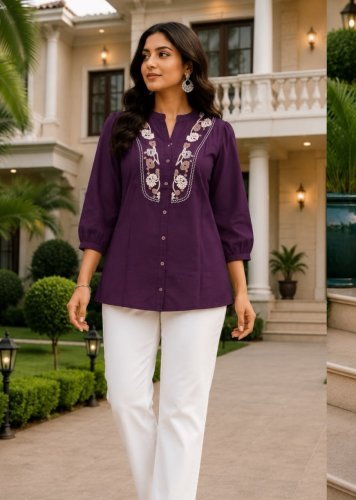  5 Star  Rayon Slub With Embroidery Work Co-Ord Set   Dark Purple  Color