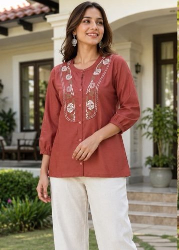  5 Star  Rayon Slub With Embroidery Work Co-Ord Set Light brown  Color