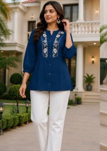 5 Star  Rayon Slub With Embroidery Work Co-Ord Set Navy Blue Color 