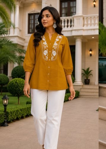  5 Star  Rayon Slub With Embroidery Work Co-Ord Set Mustard Yellow   Color