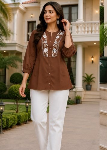  5 Star  Rayon Slub With Embroidery Work Co-Ord Set brown Color