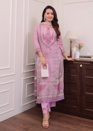 AAD Design Lilac Pure Soft Muslin Pakistani Suit Beautifully  Digital Prints With Hand Embroidery Light purple DN 1007