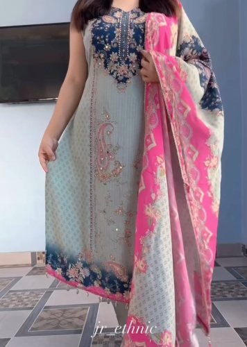  ASD Latest Designer Pure Muslin With Original Mirror Top Pent With Dupatta Set Light Blue Color DN 1388