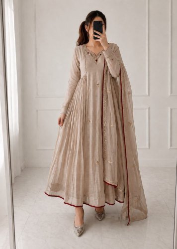  ASD Noor Pure Mul Chanderi  Anarkali Kurta Set Exquisite handwork on the neckline Beige Color DN 1339