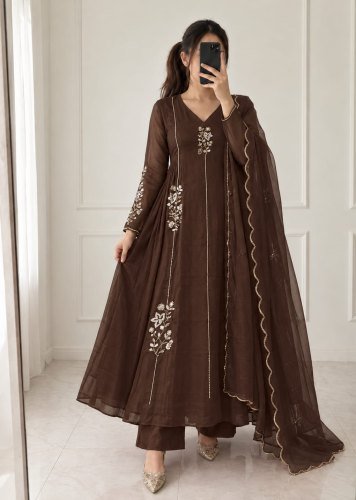  ASD Premium Designer Kurti Set Elegant And Classy Look Designer Piece Featuring Beautiful Embroidery Work Brown Color DN 1418