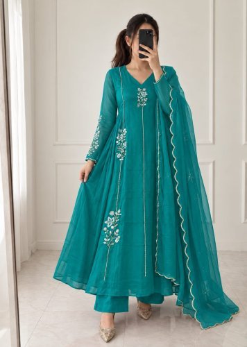  ASD Premium Designer Kurti Set Elegant And Classy Look Designer Piece Featuring Beautiful Embroidery Work Teal Color DN 1418