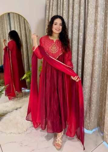  ASD Premium Festive Anarkali Gown Pure Mal Chanderi With Purely Hand Work Maroon Color DN 1400
