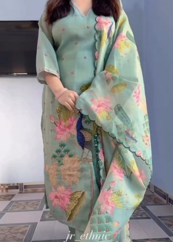  ASD Premium  Softest  Lilian Cotton Hand work With Katha Work And Embroidered Dupatta Mint Green DN 1356