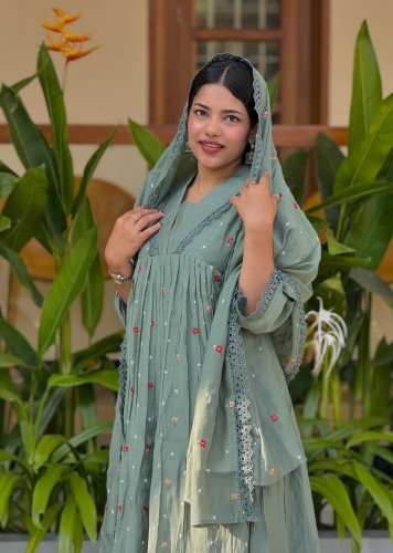   ASD Stylish Anarkali Gown Suit Pure Orignal Mul Chanderi With Embroidery Work Olive Green Color  DN 1365