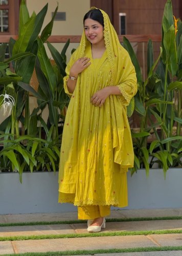   ASD Stylish Anarkali Gown Suit Pure Orignal Mul Chanderi With Embroidery Work Yellow Color DN 1365