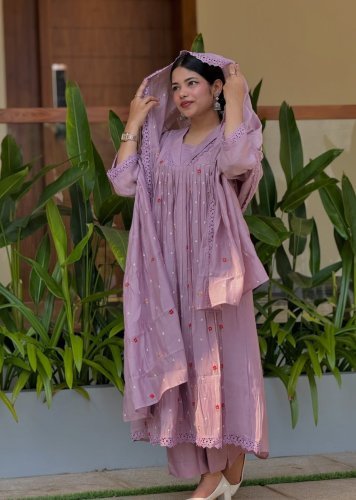   ASD Stylish Anarkali Gown Suit Pure Orignal Mul Chanderi With Embroidery Work Lavender Color DN 1365