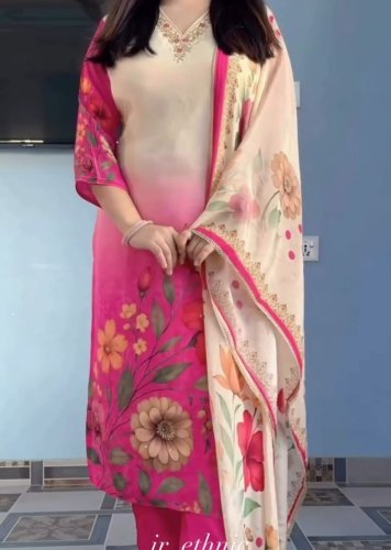  ASD Stylish With this elegant Soft Waves Silk Kurti Pant Dupatta Set Beautiful Prints Pink Color DN 1357