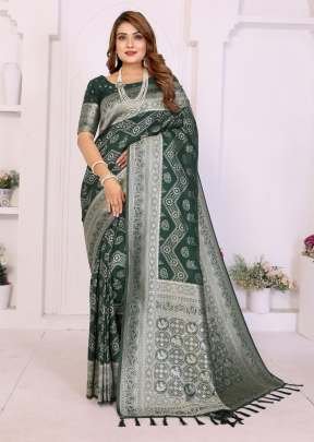 Aagaman Traditional Georgette Silk Leheriya Zari Weaving Saree Dark Green Color